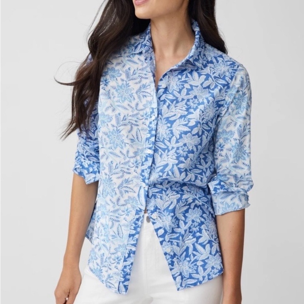 J. McLaughlin S Lois Floral Print Point Collar Long Sleeve Button Front Blouse